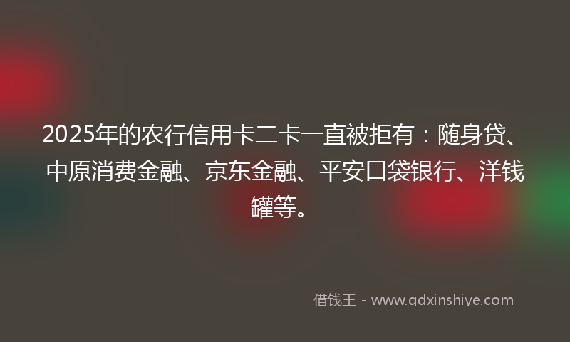 2025年的农行信用卡二卡一直被拒有：随身贷、中原消费金融、京东金融、平安口袋银行、洋钱罐等。