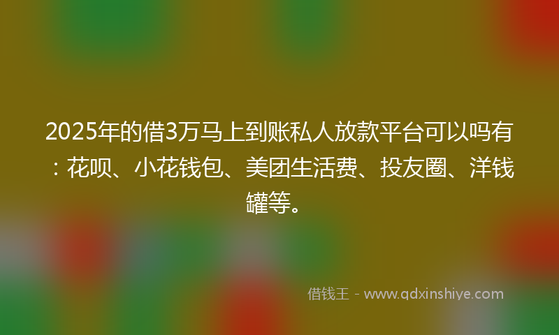 2025年的借3万马上到账私人放款平台可以吗有：花呗、小花钱包、美团生活费、投友圈、洋钱罐等。