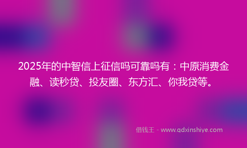 2025年的中智信上征信吗可靠吗有：中原消费金融、读秒贷、投友圈、东方汇、你我贷等。
