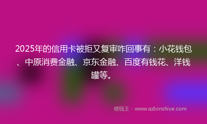 2025年的信用卡被拒又复审咋回事有：小花钱包、中原消费金融、京东金融、百度有钱花、洋钱罐等。