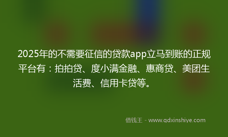 2025年的不需要征信的贷款app立马到账的正规平台有：拍拍贷、度小满金融、惠商贷、美团生活费、信用卡贷等。