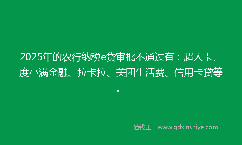 2025年的农行纳税e贷审批不通过有：超人卡、度小满金融、拉卡拉、美团生活费、信用卡贷等。