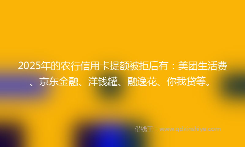 2025年的农行信用卡提额被拒后有：美团生活费、京东金融、洋钱罐、融逸花、你我贷等。