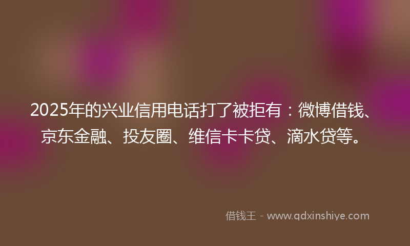 2025年的兴业信用电话打了被拒有：微博借钱、京东金融、投友圈、维信卡卡贷、滴水贷等。