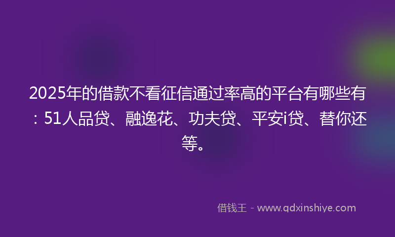 2025年的借款不看征信通过率高的平台有哪些有：51人品贷、融逸花、功夫贷、平安i贷、替你还等。