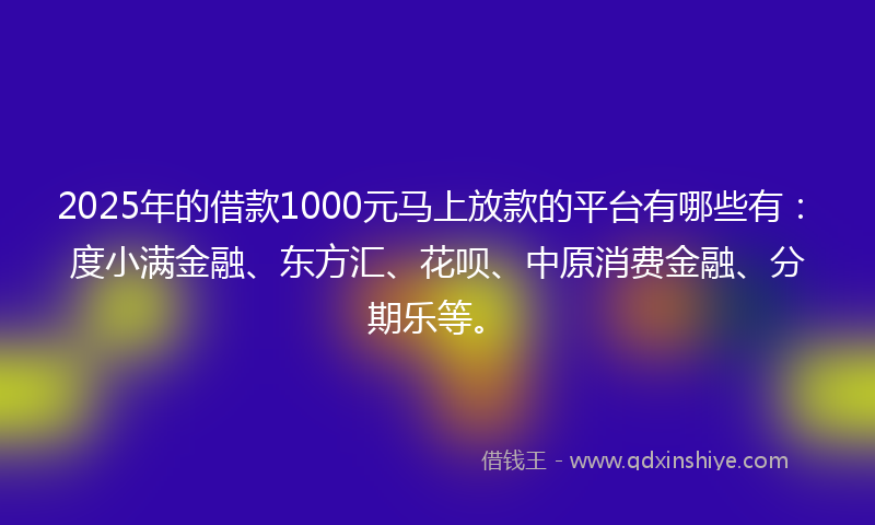 2025年的借款1000元马上放款的平台有哪些有：度小满金融、东方汇、花呗、中原消费金融、分期乐等。