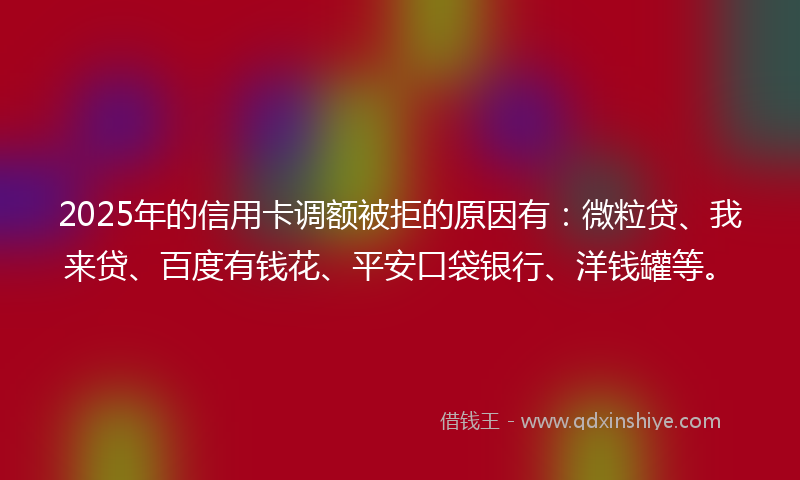 2025年的信用卡调额被拒的原因有：微粒贷、我来贷、百度有钱花、平安口袋银行、洋钱罐等。