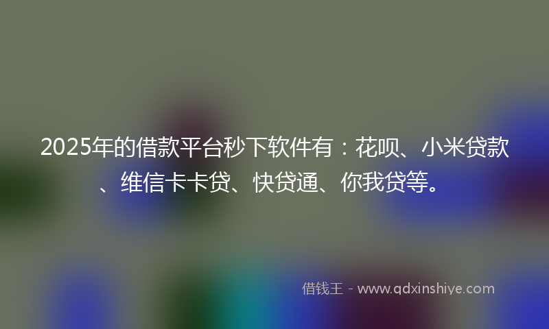 2025年的借款平台秒下软件有：花呗、小米贷款、维信卡卡贷、快贷通、你我贷等。