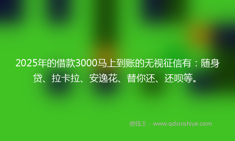 2025年的借款3000马上到账的无视征信有：随身贷、拉卡拉、安逸花、替你还、还呗等。