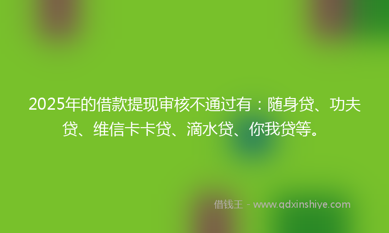 2025年的借款提现审核不通过有：随身贷、功夫贷、维信卡卡贷、滴水贷、你我贷等。