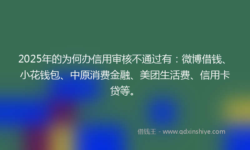 2025年的为何办信用审核不通过有：微博借钱、小花钱包、中原消费金融、美团生活费、信用卡贷等。