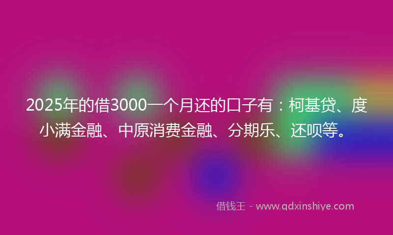 2025年的借3000一个月还的口子有：柯基贷、度小满金融、中原消费金融、分期乐、还呗等。