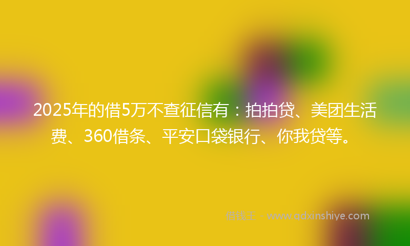 2025年的借5万不查征信有：拍拍贷、美团生活费、360借条、平安口袋银行、你我贷等。