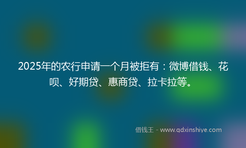 2025年的农行申请一个月被拒有：微博借钱、花呗、好期贷、惠商贷、拉卡拉等。