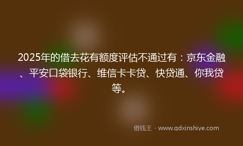 2025年的借去花有额度评估不通过有：京东金融、平安口袋银行、维信卡卡贷、快贷通、你我贷等。
