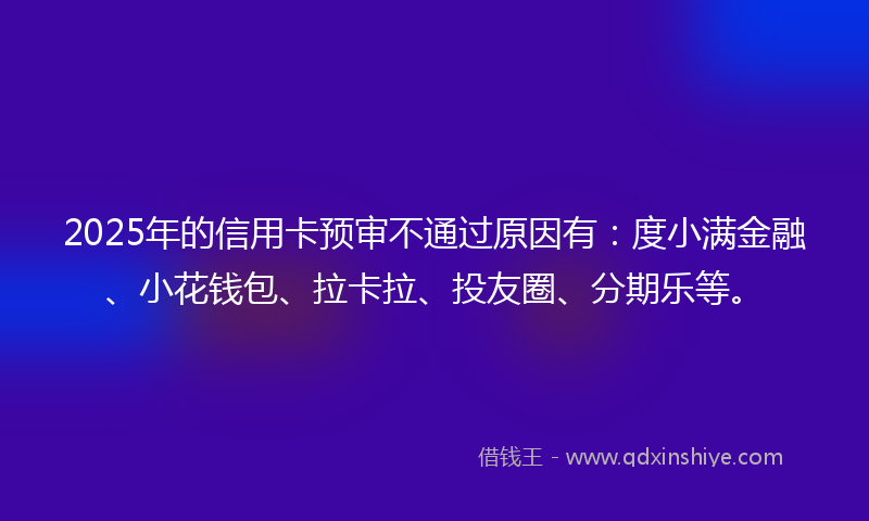 2025年的信用卡预审不通过原因有：度小满金融、小花钱包、拉卡拉、投友圈、分期乐等。