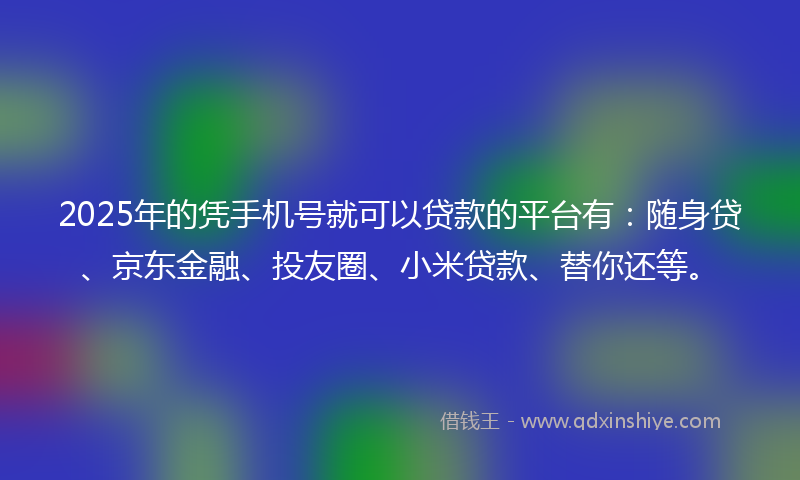 2025年的凭手机号就可以贷款的平台有：随身贷、京东金融、投友圈、小米贷款、替你还等。