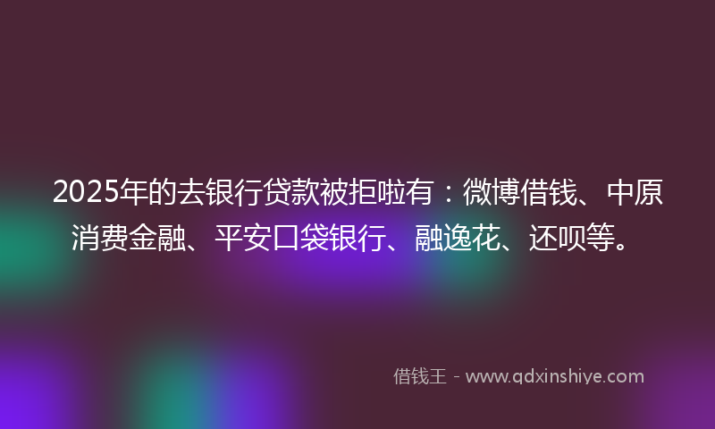 2025年的去银行贷款被拒啦有：微博借钱、中原消费金融、平安口袋银行、融逸花、还呗等。