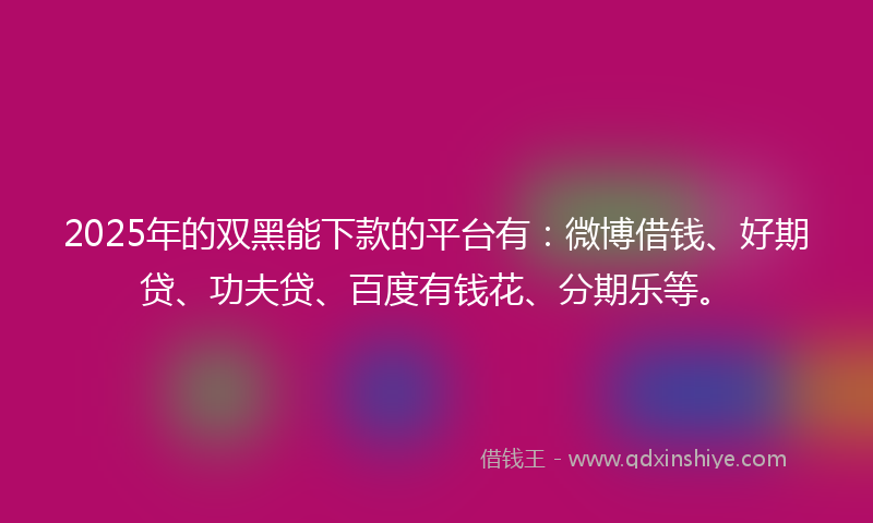2025年的双黑能下款的平台有：微博借钱、好期贷、功夫贷、百度有钱花、分期乐等。