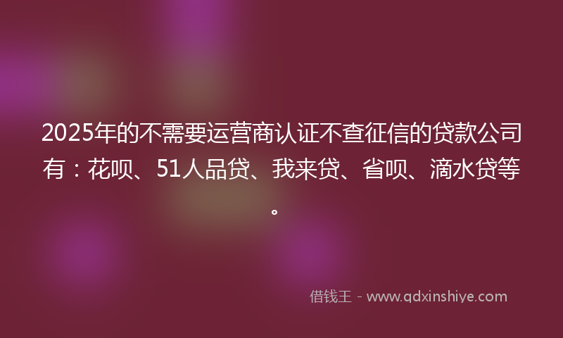 2025年的不需要运营商认证不查征信的贷款公司有：花呗、51人品贷、我来贷、省呗、滴水贷等。
