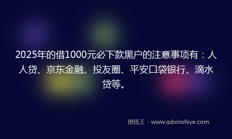 2025年的借1000元必下款黑户的注意事项有：人人贷、京东金融、投友圈、平安口袋银行、滴水贷等。