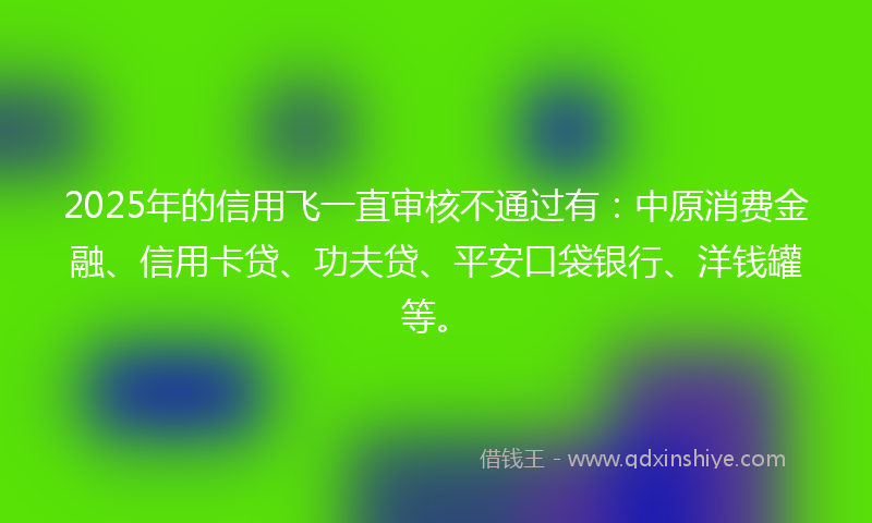 2025年的信用飞一直审核不通过有：中原消费金融、信用卡贷、功夫贷、平安口袋银行、洋钱罐等。