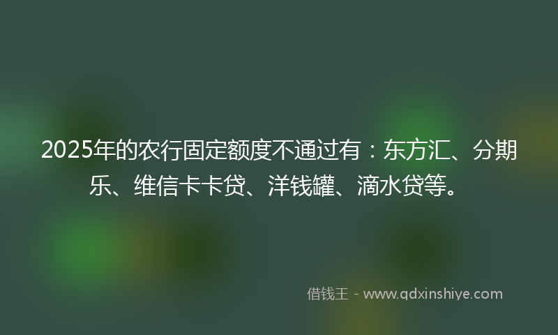 2025年的农行固定额度不通过有：东方汇、分期乐、维信卡卡贷、洋钱罐、滴水贷等。