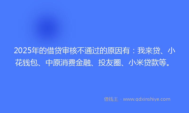 2025年的借贷审核不通过的原因有：我来贷、小花钱包、中原消费金融、投友圈、小米贷款等。