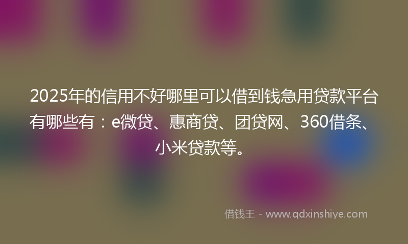 2025年的信用不好哪里可以借到钱急用贷款平台有哪些有：e微贷、惠商贷、团贷网、360借条、小米贷款等。