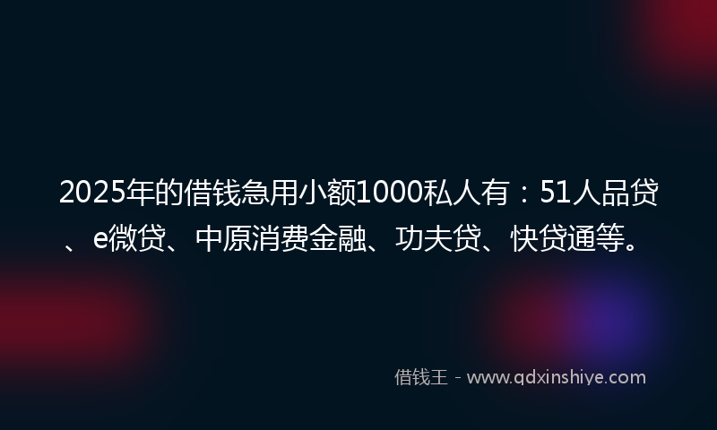 2025年的借钱急用小额1000私人有：51人品贷、e微贷、中原消费金融、功夫贷、快贷通等。
