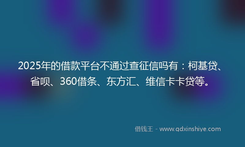 2025年的借款平台不通过查征信吗有：柯基贷、省呗、360借条、东方汇、维信卡卡贷等。