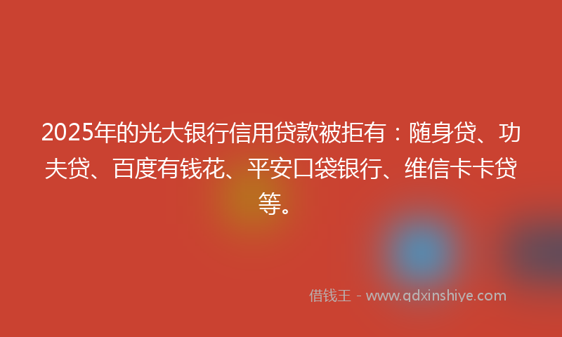 2025年的光大银行信用贷款被拒有：随身贷、功夫贷、百度有钱花、平安口袋银行、维信卡卡贷等。