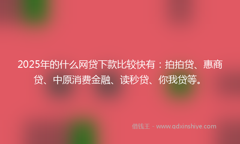 2025年的什么网贷下款比较快有：拍拍贷、惠商贷、中原消费金融、读秒贷、你我贷等。