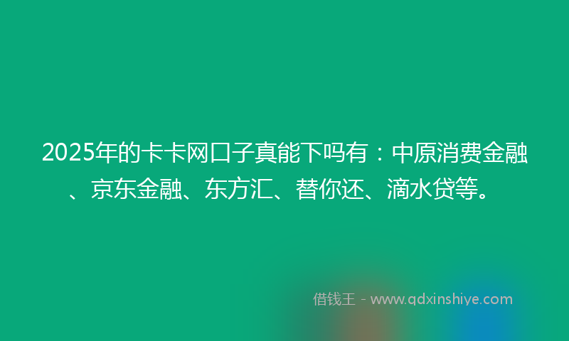 2025年的卡卡网口子真能下吗有：中原消费金融、京东金融、东方汇、替你还、滴水贷等。