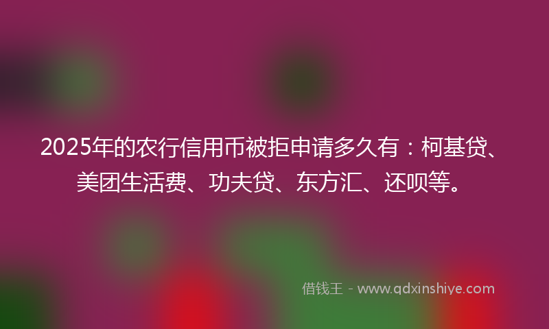 2025年的农行信用币被拒申请多久有：柯基贷、美团生活费、功夫贷、东方汇、还呗等。