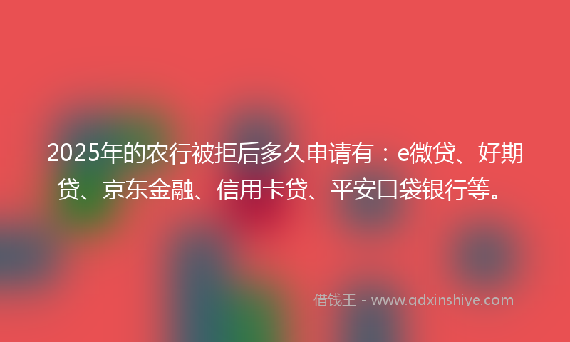 2025年的农行被拒后多久申请有：e微贷、好期贷、京东金融、信用卡贷、平安口袋银行等。