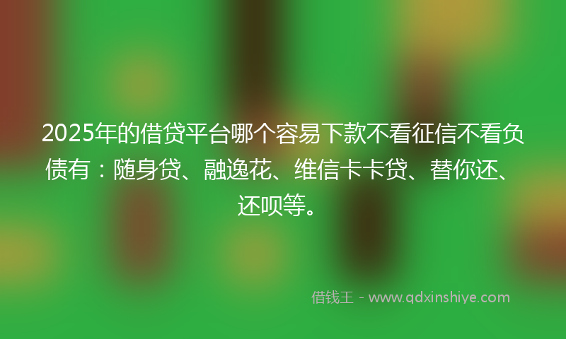 2025年的借贷平台哪个容易下款不看征信不看负债有：随身贷、融逸花、维信卡卡贷、替你还、还呗等。