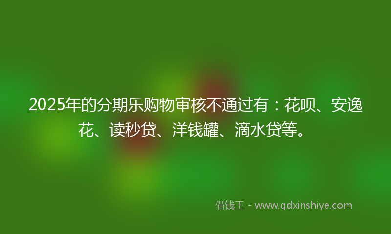 2025年的分期乐购物审核不通过有：花呗、安逸花、读秒贷、洋钱罐、滴水贷等。