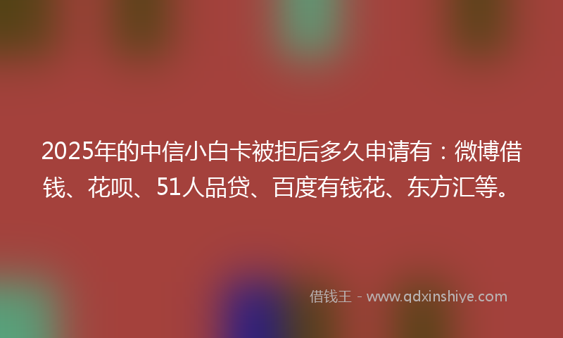2025年的中信小白卡被拒后多久申请有：微博借钱、花呗、51人品贷、百度有钱花、东方汇等。