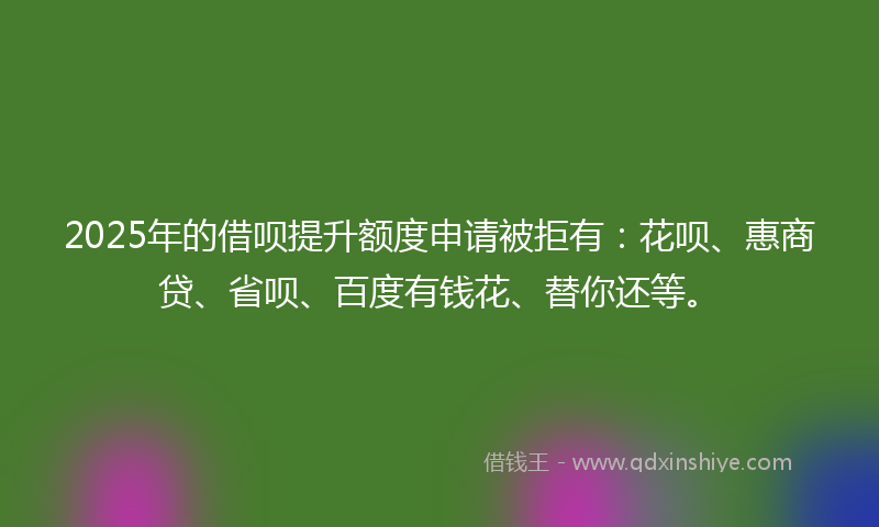 2025年的借呗提升额度申请被拒有：花呗、惠商贷、省呗、百度有钱花、替你还等。