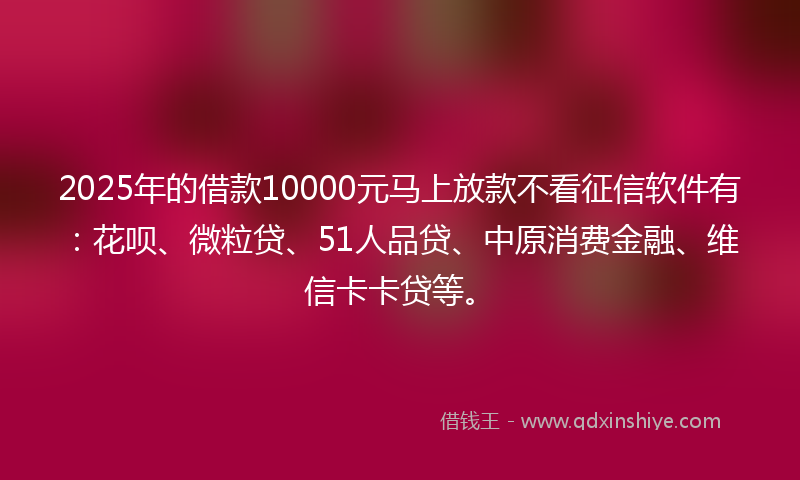 2025年的借款10000元马上放款不看征信软件有：花呗、微粒贷、51人品贷、中原消费金融、维信卡卡贷等。