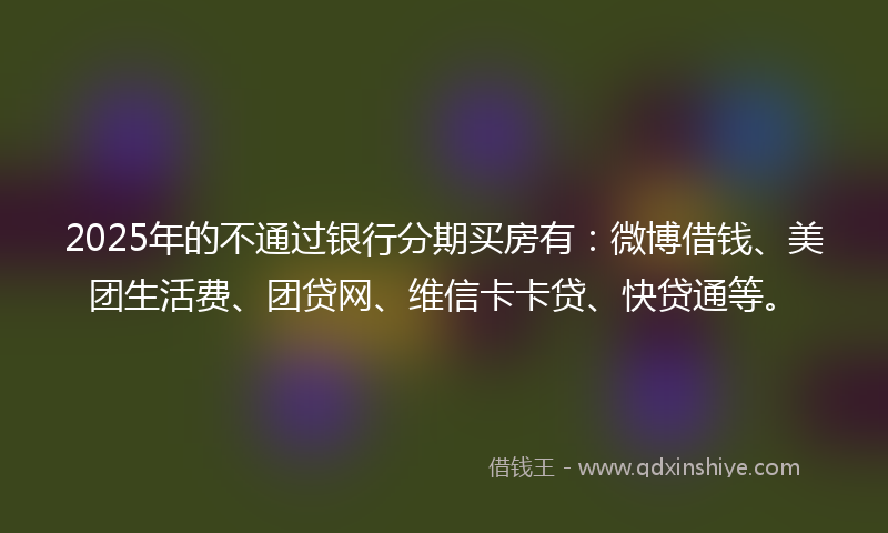 2025年的不通过银行分期买房有：微博借钱、美团生活费、团贷网、维信卡卡贷、快贷通等。