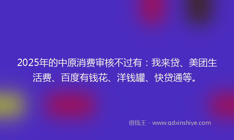 2025年的中原消费审核不过有：我来贷、美团生活费、百度有钱花、洋钱罐、快贷通等。