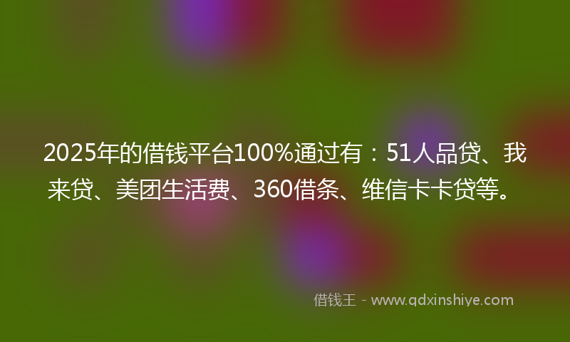2025年的借钱平台100%通过有：51人品贷、我来贷、美团生活费、360借条、维信卡卡贷等。