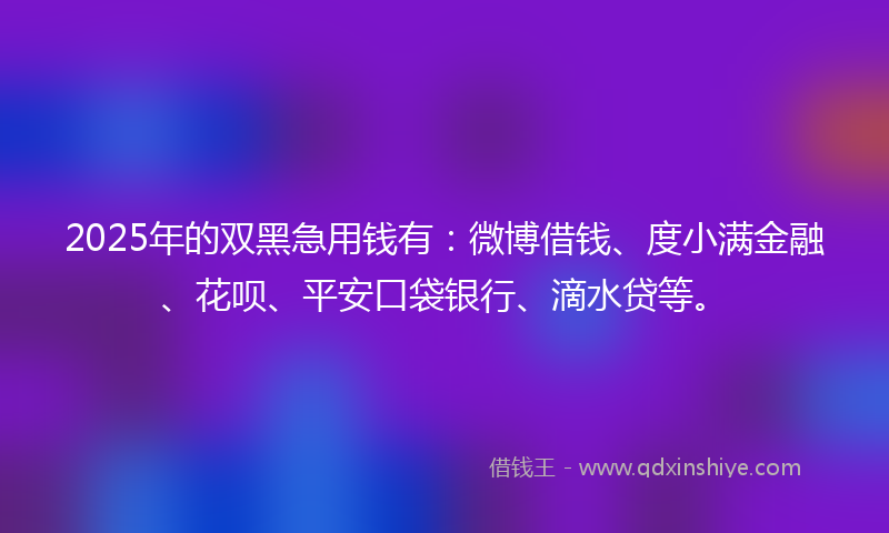 2025年的双黑急用钱有：微博借钱、度小满金融、花呗、平安口袋银行、滴水贷等。