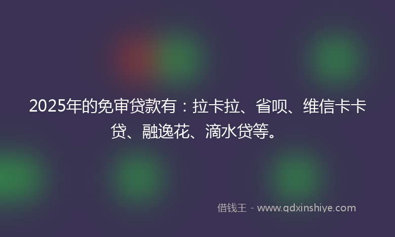 2025年的免审贷款有：拉卡拉、省呗、维信卡卡贷、融逸花、滴水贷等。