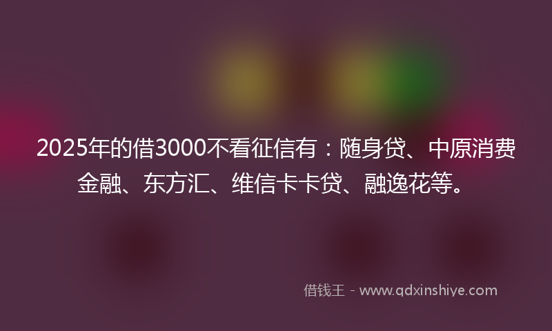 2025年的借3000不看征信有：随身贷、中原消费金融、东方汇、维信卡卡贷、融逸花等。