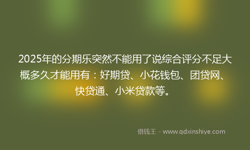 2025年的分期乐突然不能用了说综合评分不足大概多久才能用有：好期贷、小花钱包、团贷网、快贷通、小米贷款等。