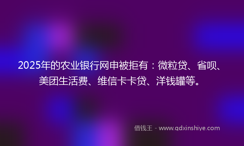 2025年的农业银行网申被拒有：微粒贷、省呗、美团生活费、维信卡卡贷、洋钱罐等。
