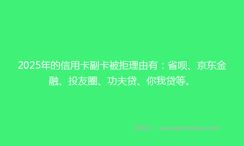 2025年的信用卡副卡被拒理由有：省呗、京东金融、投友圈、功夫贷、你我贷等。